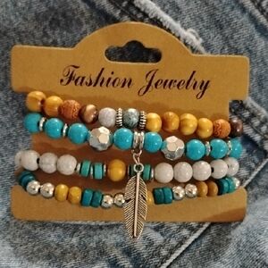 Turquoise and Silver Set Of 5 Beaded Bracelets Of Wood & Metal